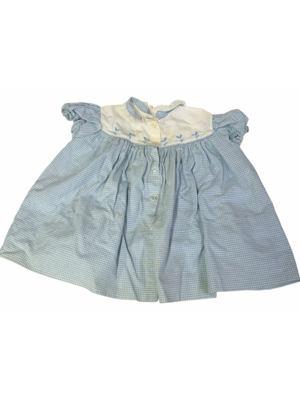 Vintage 1950s Feltman Bros Blue Gingham Button Baby Dress Embroidered Fits 3-6 M
